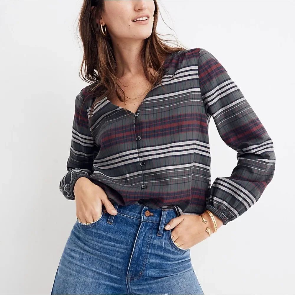 Madewell V Neck Button Down Shirt Pineview Plaid green Size Small Longsleeve